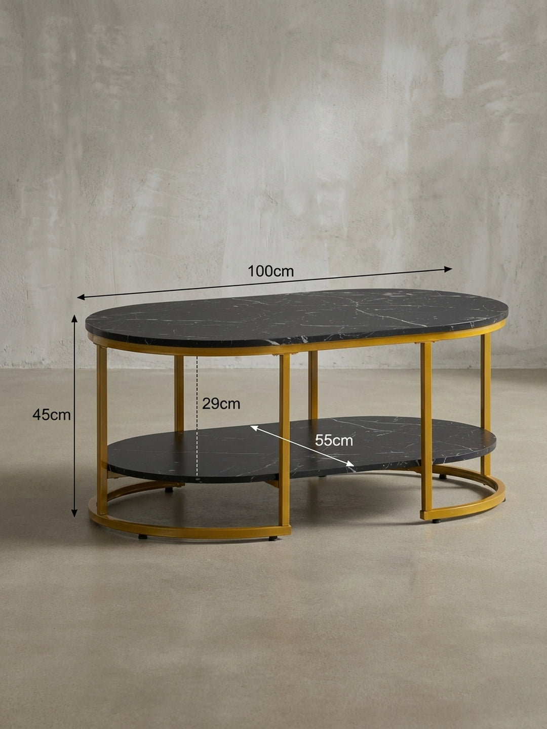Couchtisch mit exakten Maßen: Länge 100 cm, Tiefe 60 cm, Höhe 45 cm, eine Bemaßungsskizze zur perfekten Planung des Wohnzimmerbereichs._