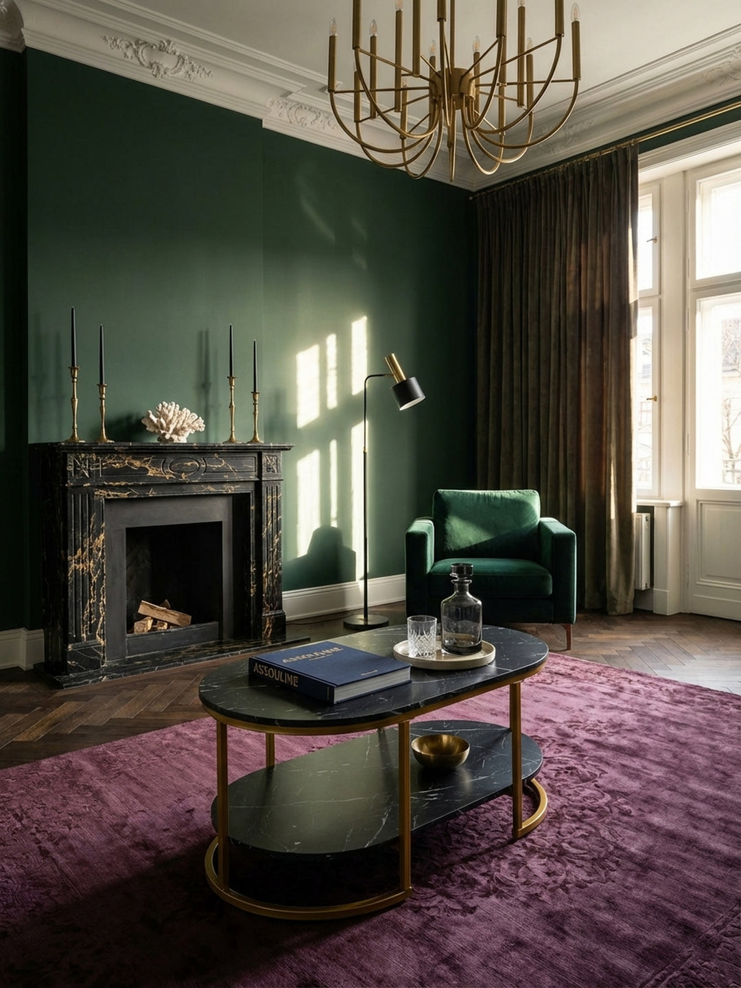 Eleganter ovaler Couchtisch in schwarzer Marmor-Optik mit goldenem Gestell als Mittelpunkt in einem luxuriösen Art-déco-Wohnzimmer vor einer dunkelgrünen Wand._