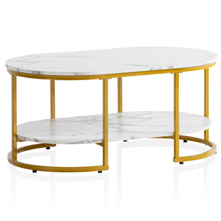Couchtisch mit Marmor Optik, rechteckig, Ablage, goldenes Metallgestell