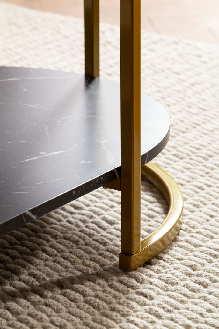 Couchtisch mit Marmor Optik, rechteckig, Ablage, goldenes Metallgestell