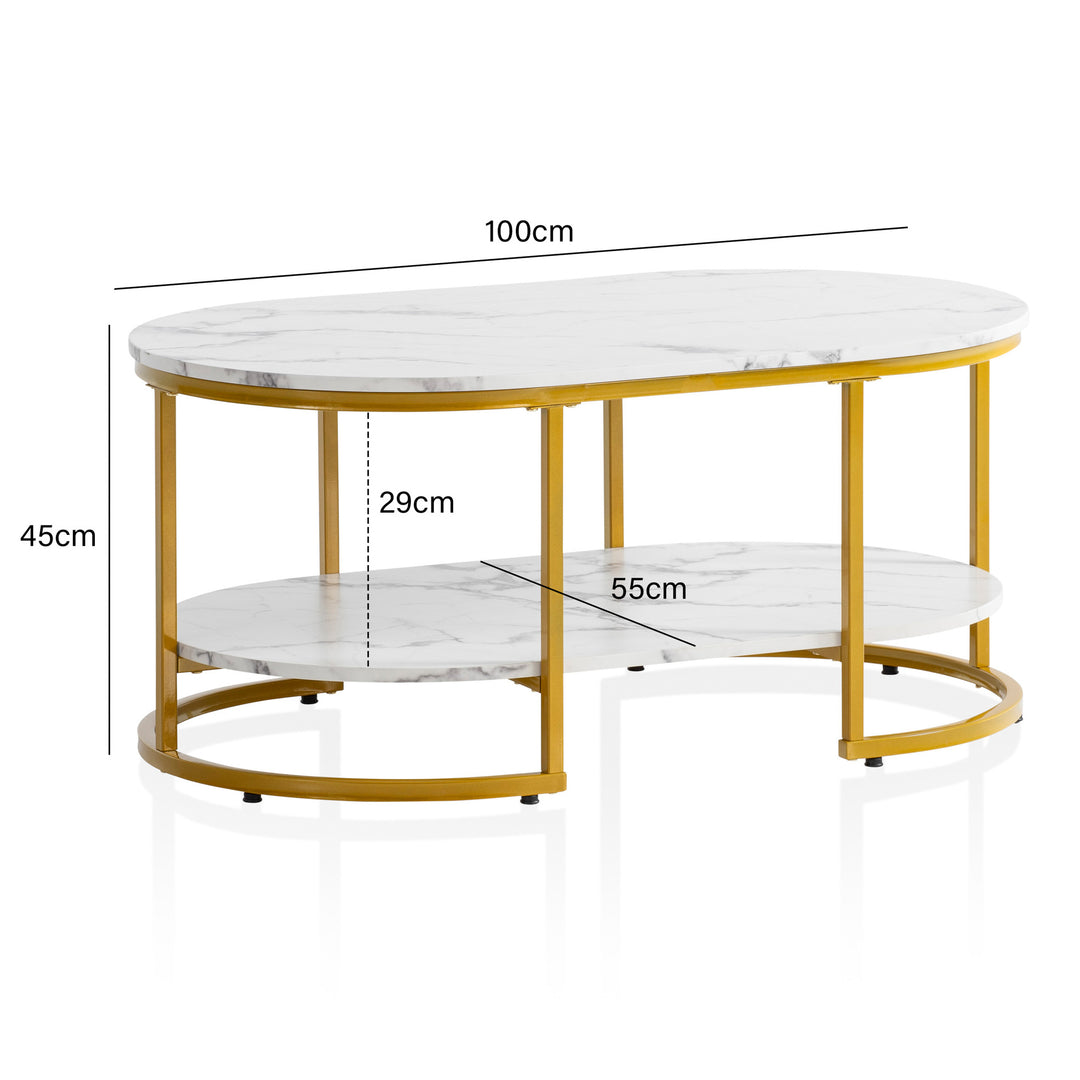 Couchtisch mit Marmor Optik, rechteckig, Ablage, goldenes Metallgestell