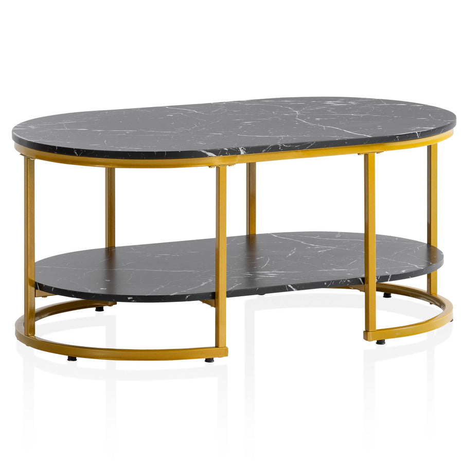 Couchtisch mit Marmor Optik, rechteckig, Ablage, goldenes Metallgestell