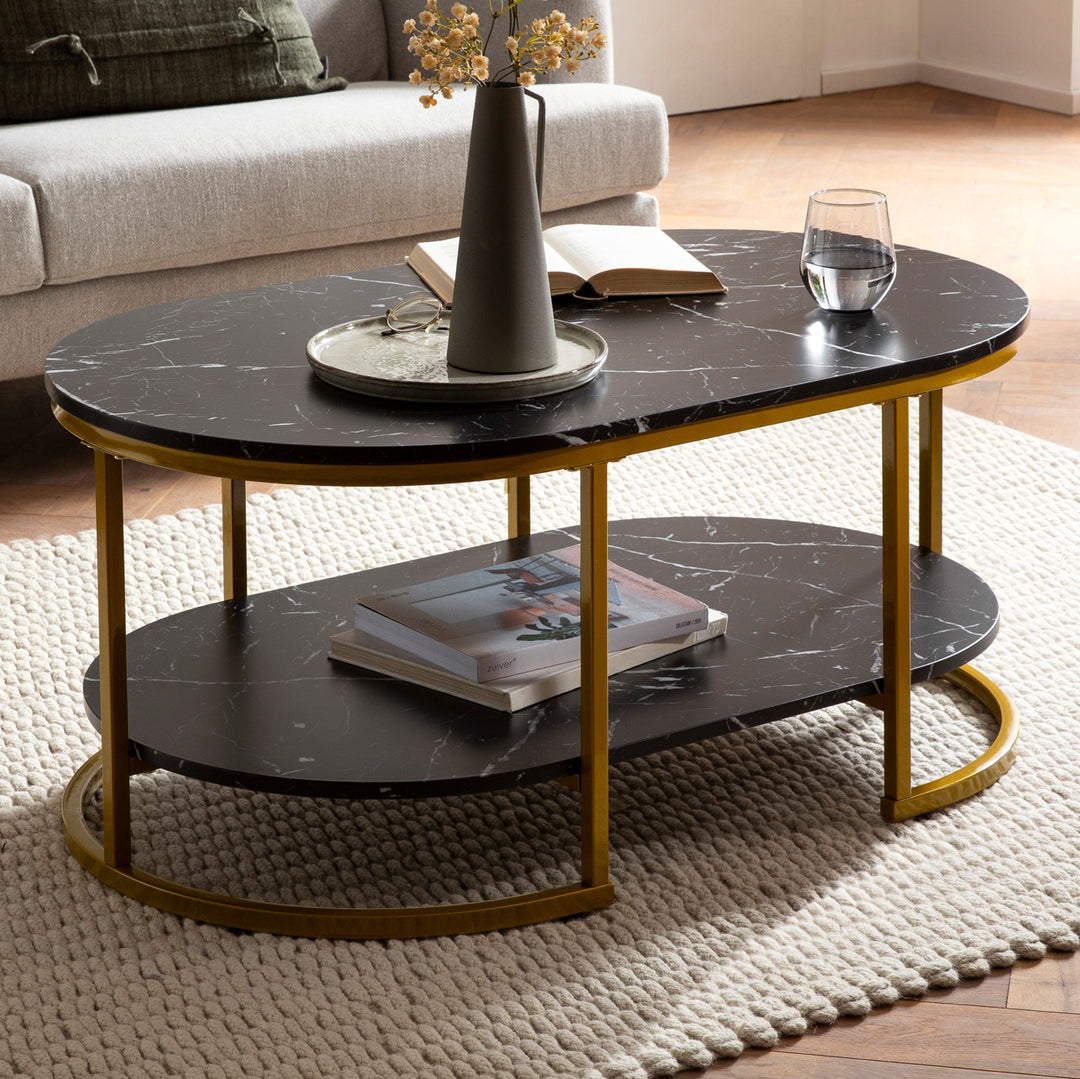 Couchtisch mit Marmor Optik, rechteckig, Ablage, goldenes Metallgestell