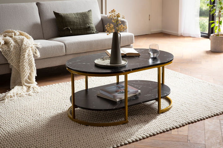 Couchtisch mit Marmor Optik, rechteckig, Ablage, goldenes Metallgestell