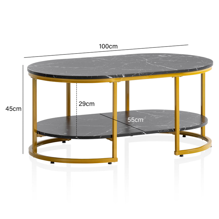 Couchtisch mit Marmor Optik, rechteckig, Ablage, goldenes Metallgestell