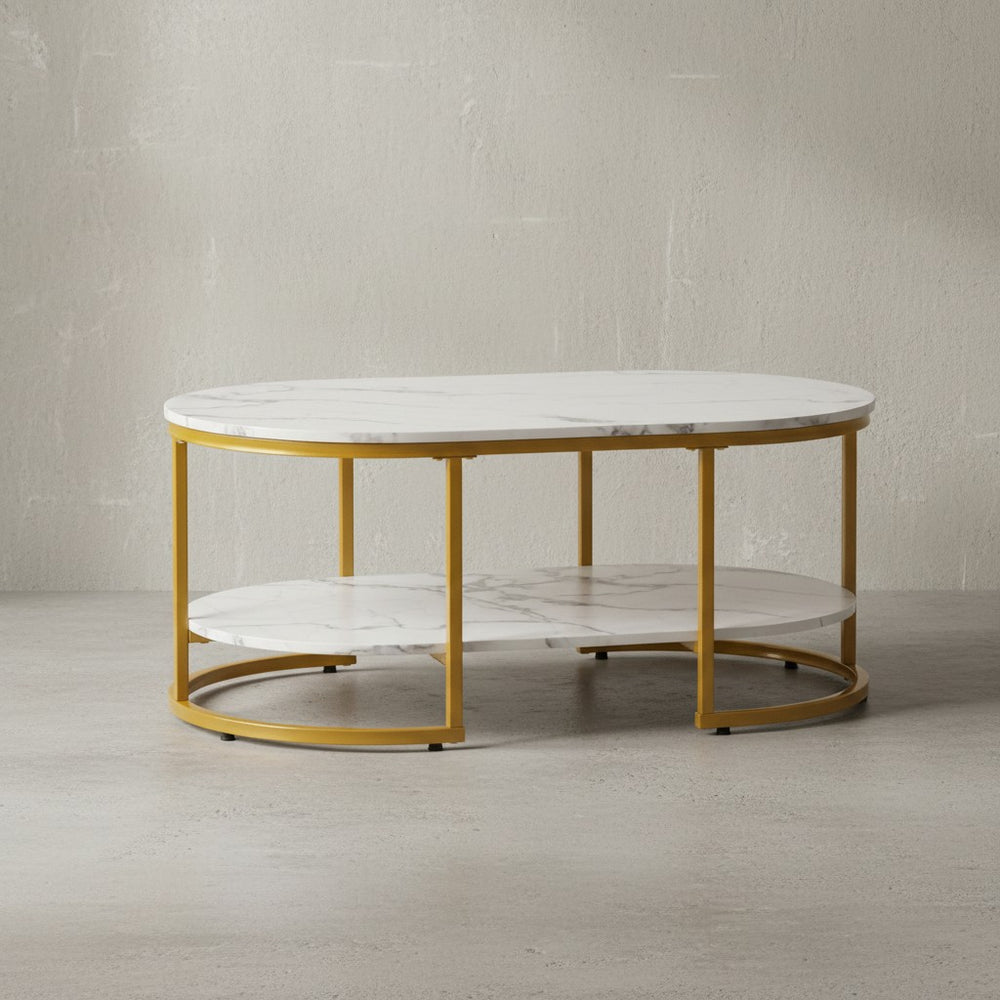 Couchtisch 100x60x45 cm mit Marmor Optik - Design Wohnzimmertisch Rechteckig - Lounge Sofatisch mit Ablage - Kaffeetisch Modern mit goldenem Metallgestell_