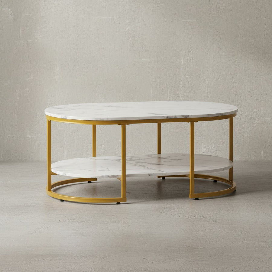 Couchtisch 100x60x45 cm mit Marmor Optik - Design Wohnzimmertisch Rechteckig - Lounge Sofatisch mit Ablage - Kaffeetisch Modern mit goldenem Metallgestell_