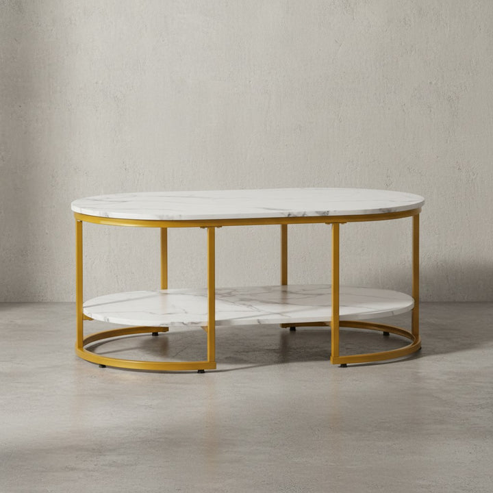 Couchtisch 100x60x45 cm mit Marmor Optik - Design Wohnzimmertisch Rechteckig - Lounge Sofatisch mit Ablage - Kaffeetisch Modern mit goldenem Metallgestell_