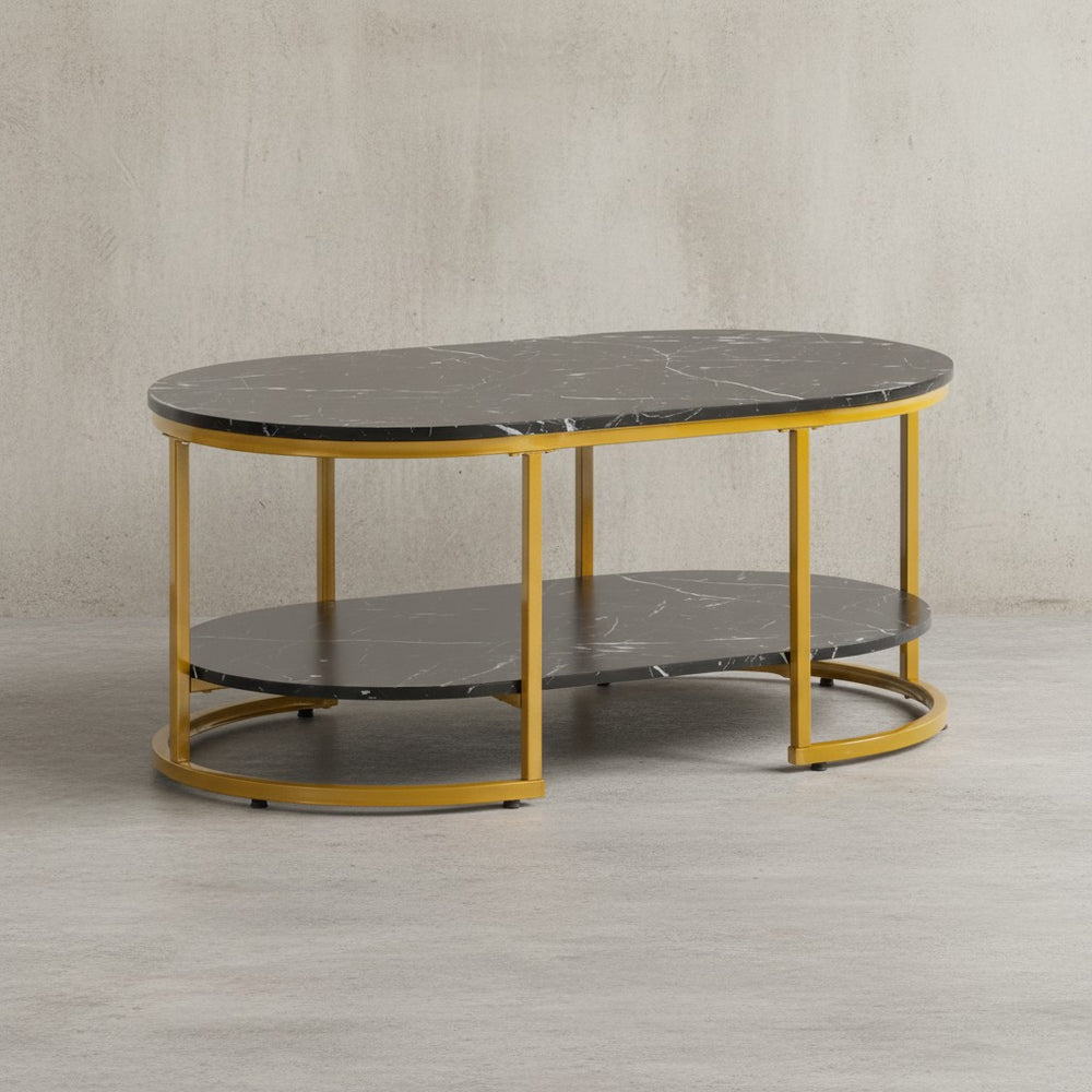 Couchtisch 100x60x45 cm mit Marmor Optik - Design Wohnzimmertisch Rechteckig - Lounge Sofatisch mit Ablage - Kaffeetisch Modern mit goldenem Metallgestell_