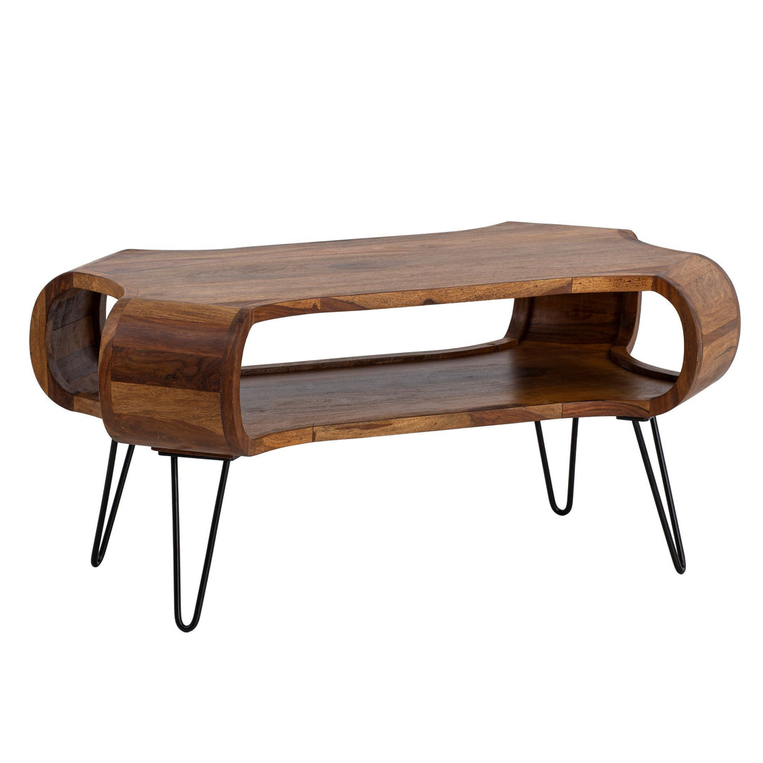 Couchtisch Rechteckig in Massivholz und Metall 100x60x47cm mit Stauraum und Haarnadelbeinen