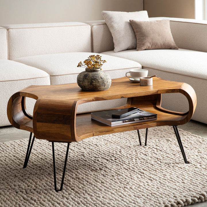 Couchtisch Rechteckig in Massivholz und Metall 100x60x47cm mit Stauraum und Haarnadelbeinen