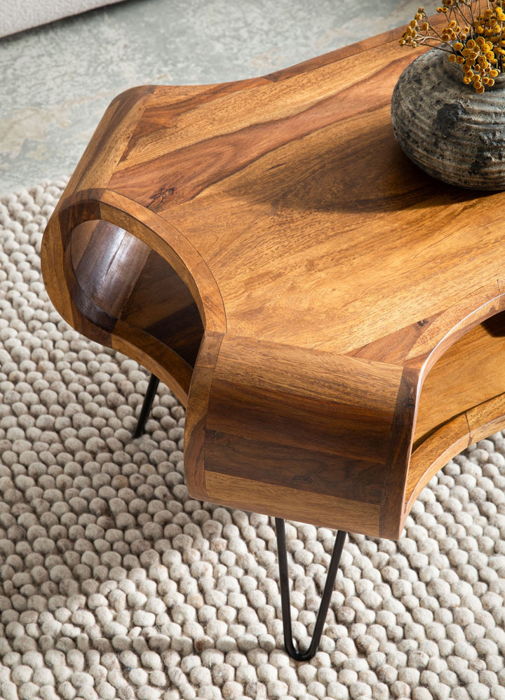 Couchtisch aus Massivholz und Metall - 100x60x47 cm - Rechteckig mit Stauraum und Haarnadelbeinen_
