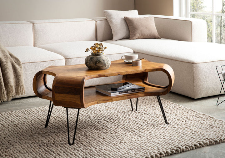 Couchtisch Rechteckig in Massivholz und Metall 100x60x47cm mit Stauraum und Haarnadelbeinen