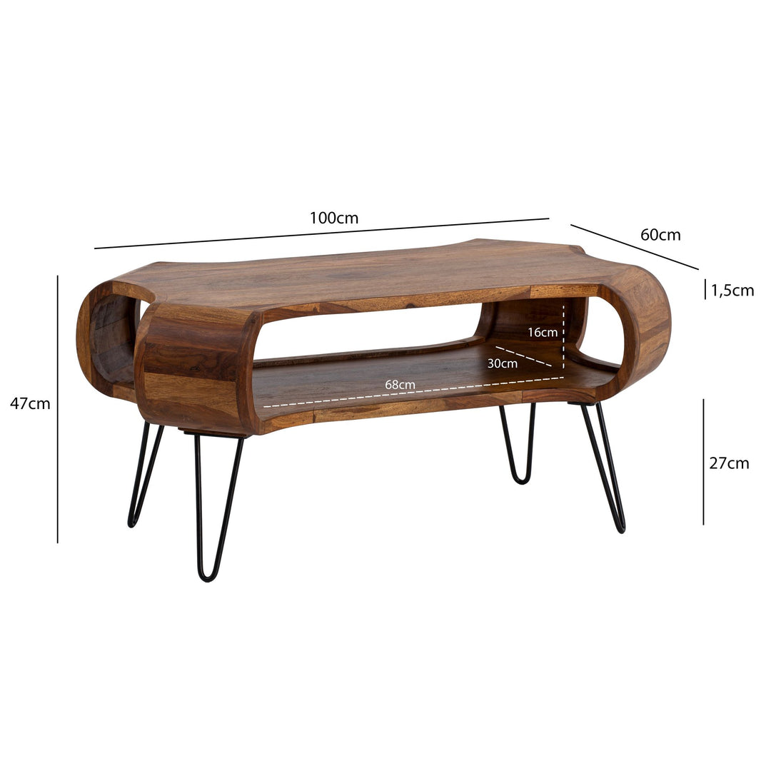Couchtisch Rechteckig in Massivholz und Metall 100x60x47cm mit Stauraum und Haarnadelbeinen