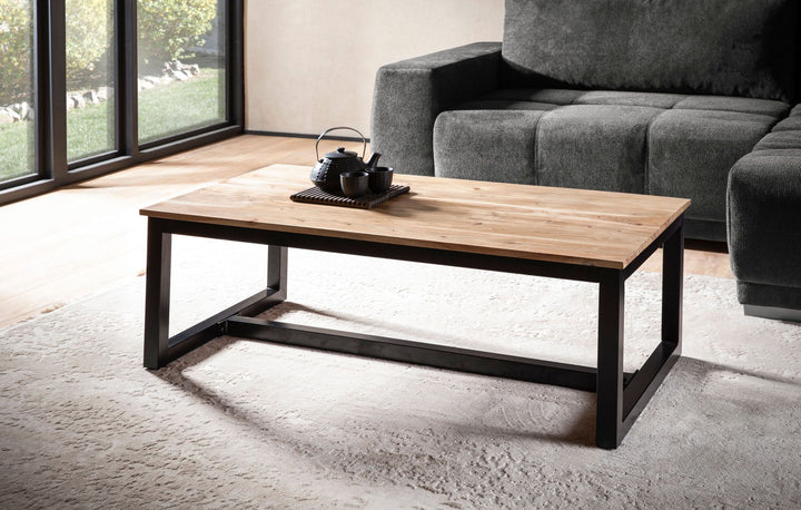 Couchtisch Akazien-Massivholz Braun, Industrial Design, 110x60x40 cm, mit stabilen Metallbeinen