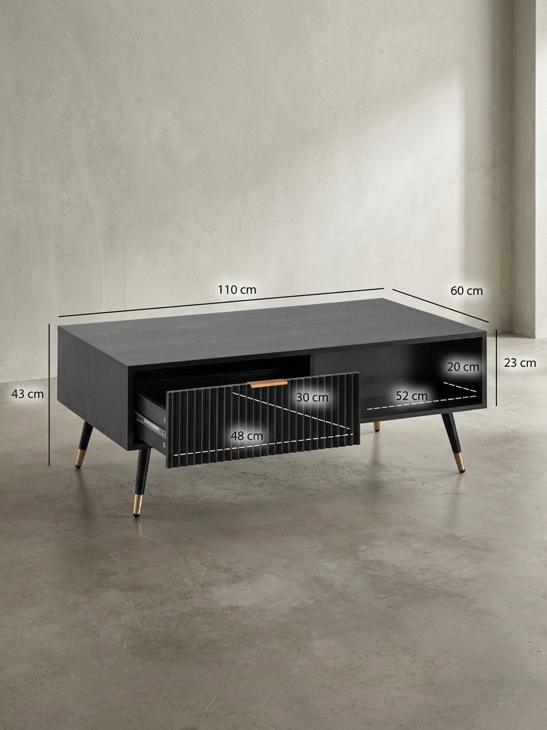 Technische Zeichnung des Couchtisches mit exakten Maßen: Länge 110 cm, Breite 60 cm, Höhe 43 cm, ideal für die Planung Ihres Wohnbereichs._