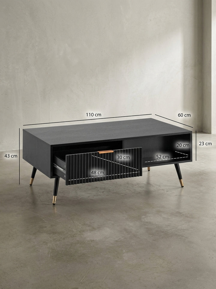 Technische Zeichnung des Couchtisches mit exakten Maßen: Länge 110 cm, Breite 60 cm, Höhe 43 cm, ideal für die Planung Ihres Wohnbereichs._