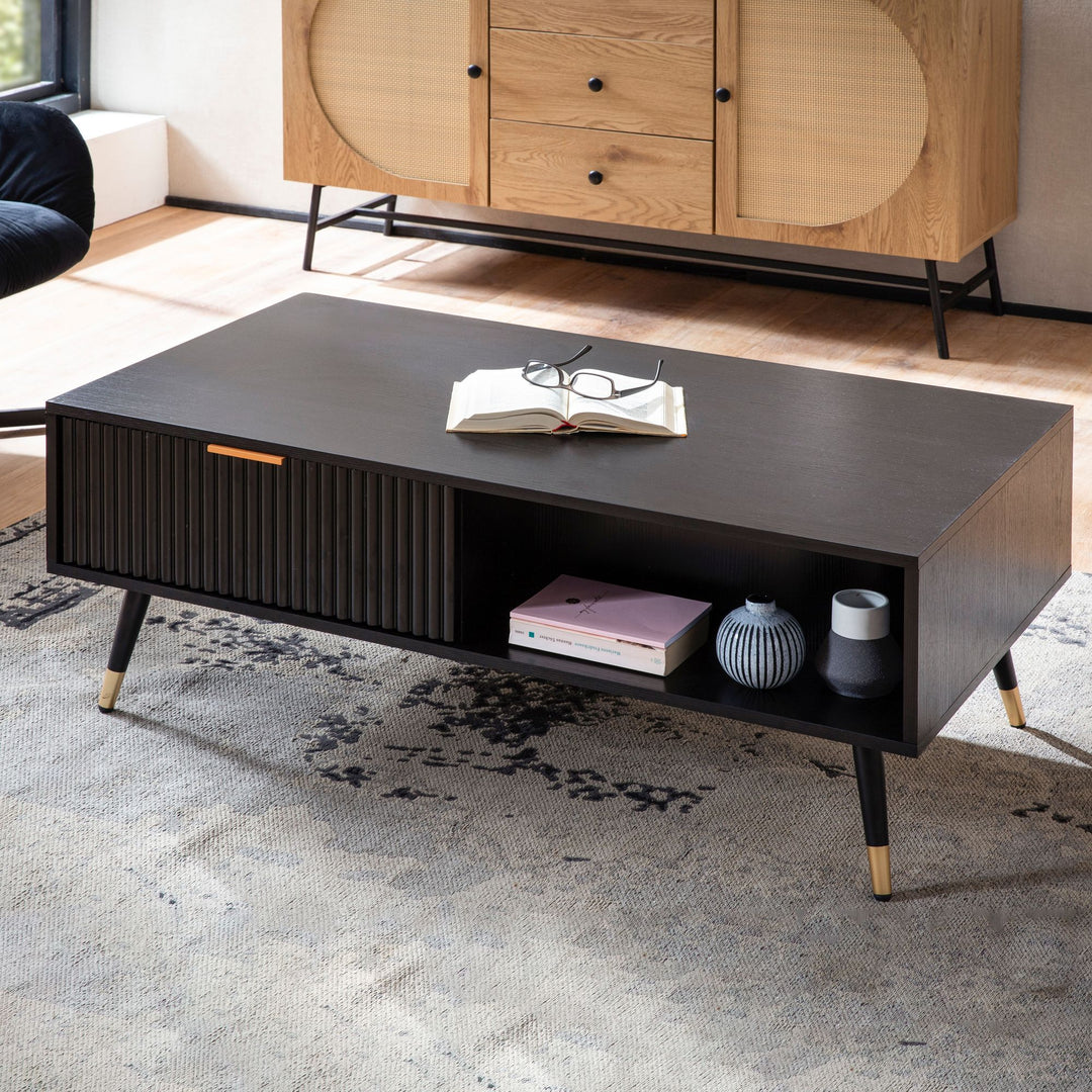 Couchtisch Schwarz Eiche-Dekor mit Stauraum 110x60x43 cm Metallbeine