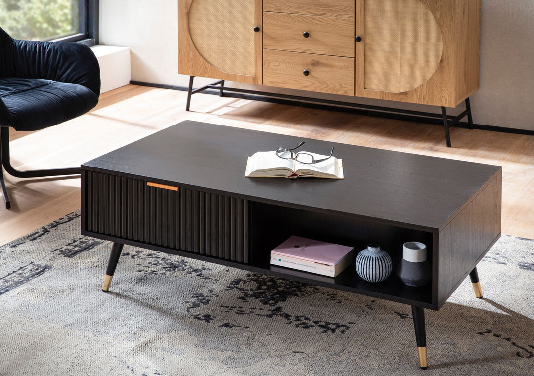 Couchtisch Schwarz Eiche-Dekor mit Stauraum 110x60x43 cm Metallbeine