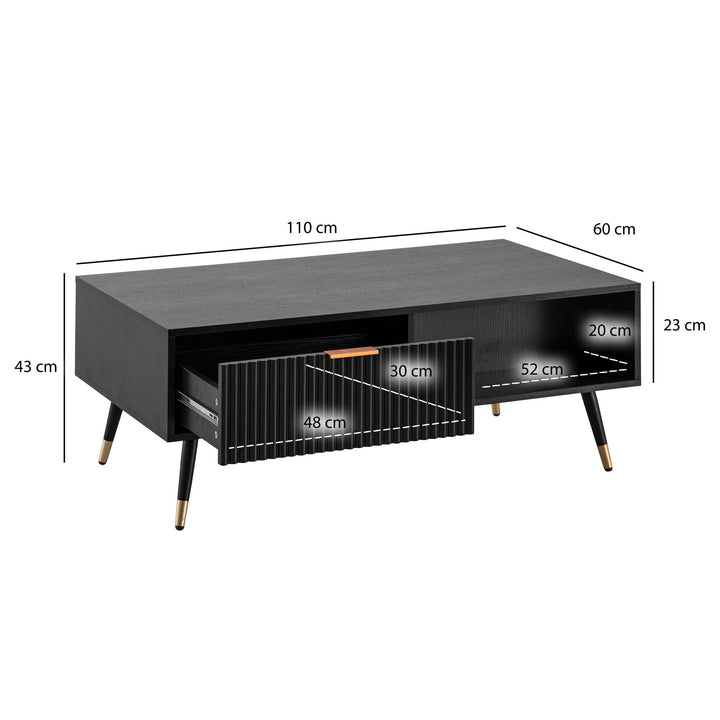 Couchtisch Schwarz Eiche-Dekor mit Stauraum 110x60x43 cm Metallbeine