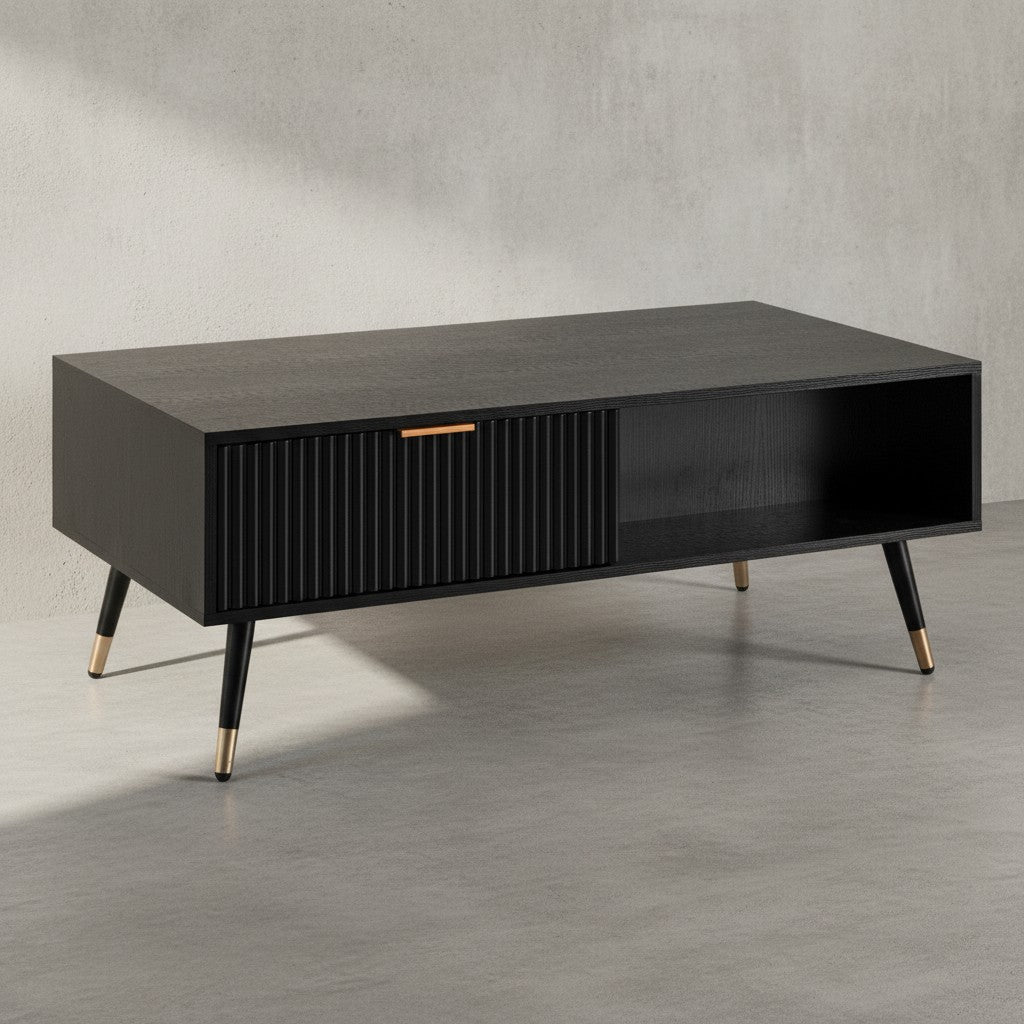 Couchtisch 110x60x43 cm Schwarz mit Eiche-Dekor Wohnzimmertisch - Sofatisch Rechteckig mit Stauraum - Kaffeetisch mit Schubladen - Tisch Wohnzimmer mit Metallbeine_