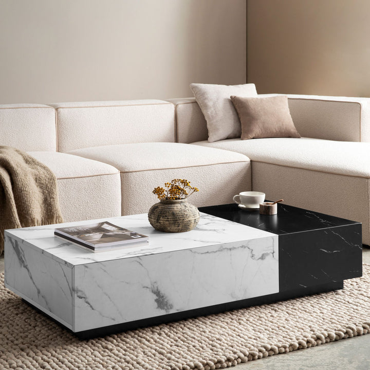 Couchtisch Weiß Schwarz Marmor-Optik 120x60x28 cm mit Schubladen und Stauraum