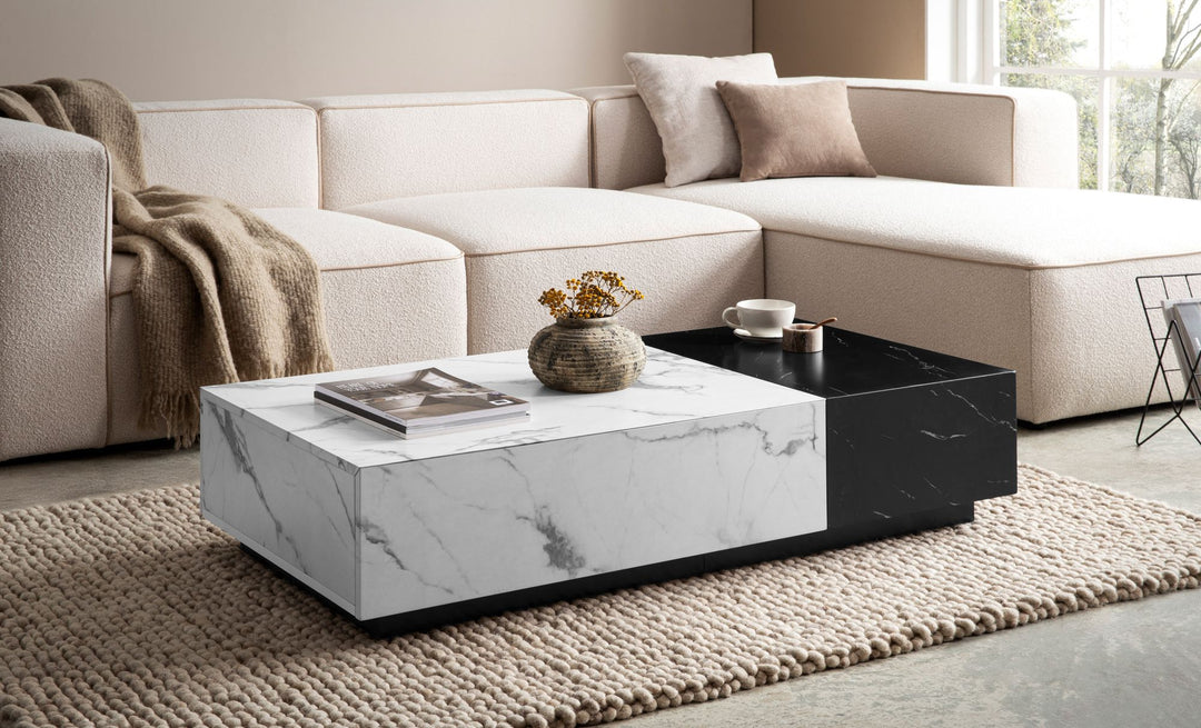 Couchtisch Weiß Schwarz Marmor-Optik 120x60x28 cm mit Schubladen und Stauraum