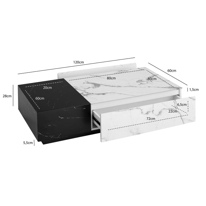 Couchtisch Weiß Schwarz Marmor-Optik 120x60x28 cm mit Schubladen und Stauraum