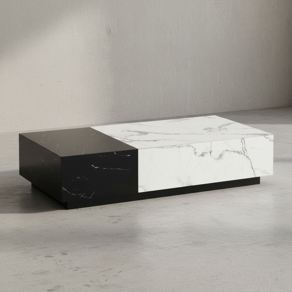 Couchtisch 120x60x28 cm Weiß Schwarz Sofatisch in Marmor-Optik Modern - Wohnzimmertisch Niedrig Rechteckig mit Schubladen - Loungetisch Stauraum - Kaffeetisch Groß_