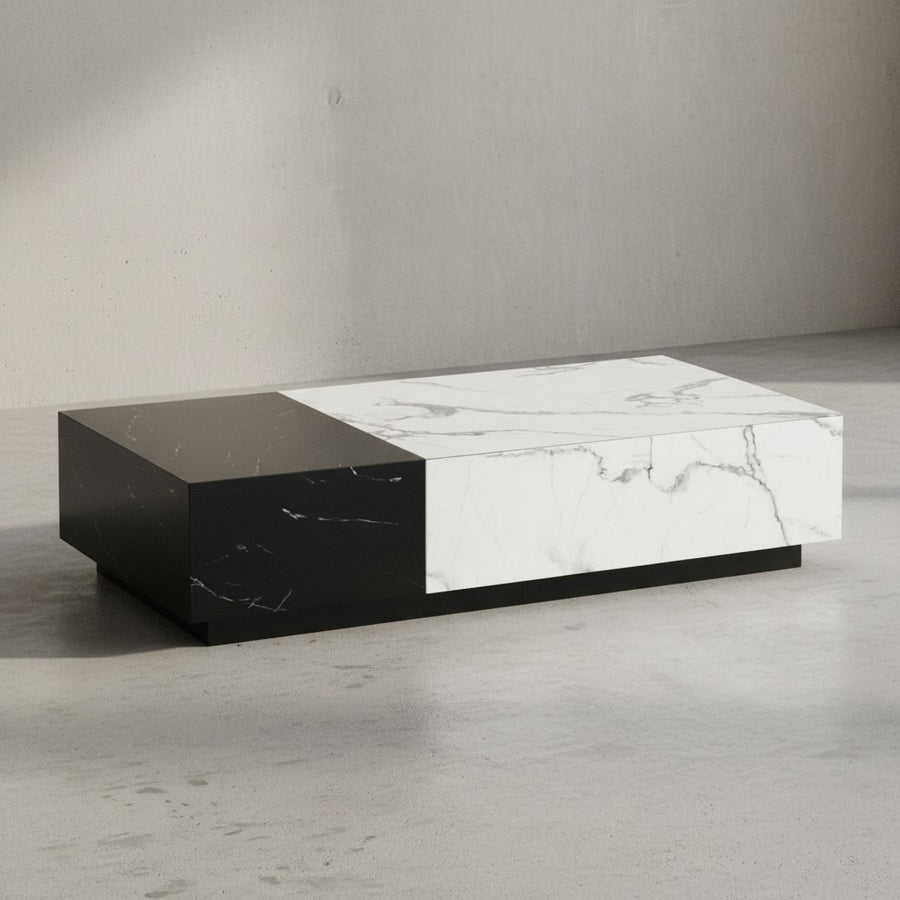 Couchtisch 120x60x28 cm Weiß Schwarz Sofatisch in Marmor-Optik Modern - Wohnzimmertisch Niedrig Rechteckig mit Schubladen - Loungetisch Stauraum - Kaffeetisch Groß_