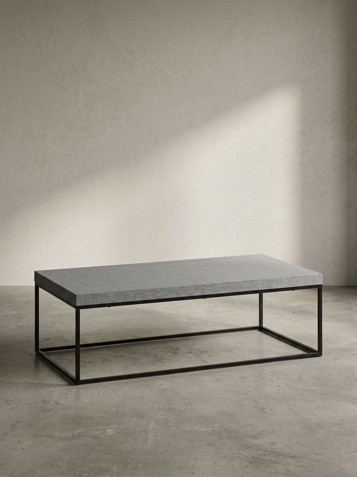 Moderner Couchtisch 120x60 cm mit grauer Platte in Betonoptik und filigranem schwarzem Metallgestell, freigestellt vor weißem Hintergrund._
