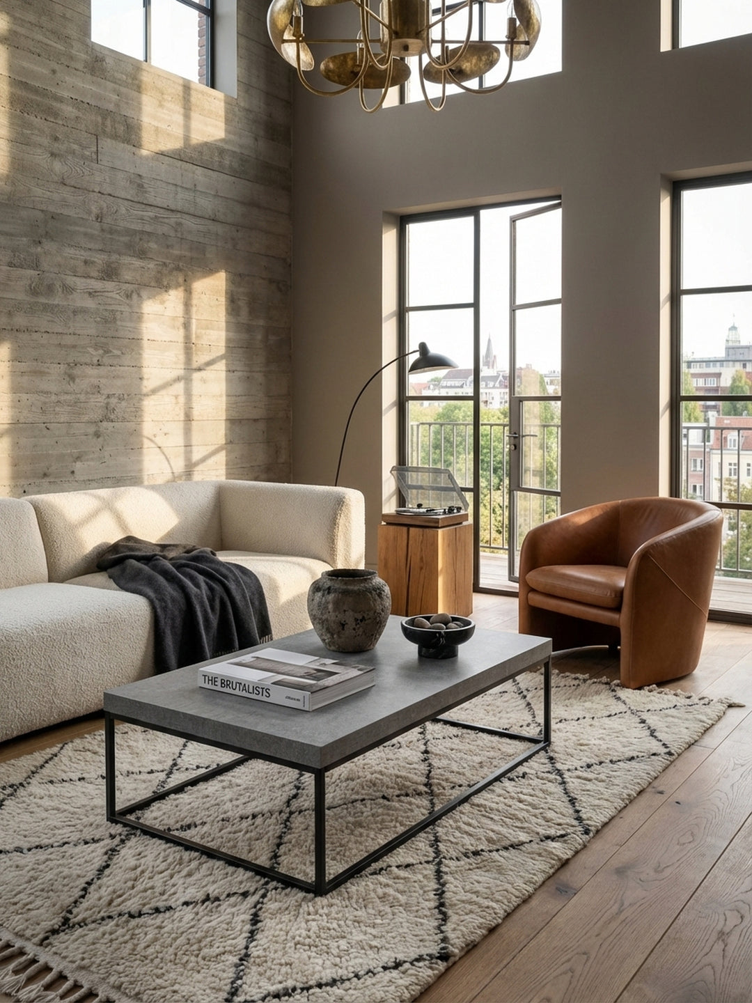 Großer Couchtisch in Beton-Optik Grau im Zentrum eines modernen Wohnzimmers mit beigem Bouclé-Sofa und einem Beni Ourain Teppich._