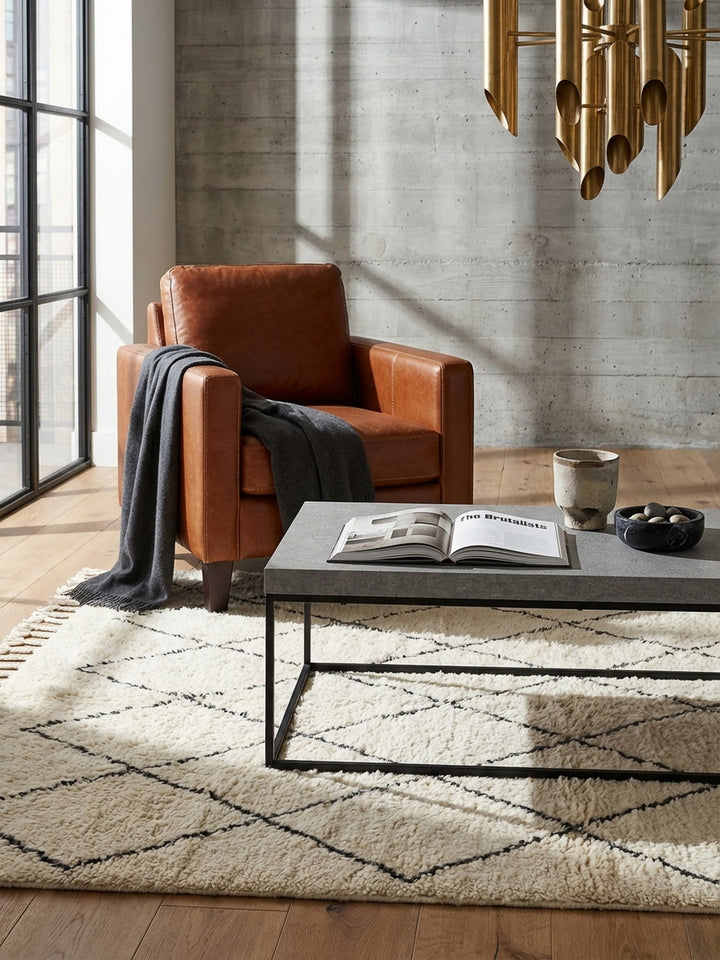 Ein rechteckiger Couchtisch in Beton-Optik als harmonische Ergänzung zu einem hellen L-Sofa in einem Loft-Wohnzimmer mit Parkett._