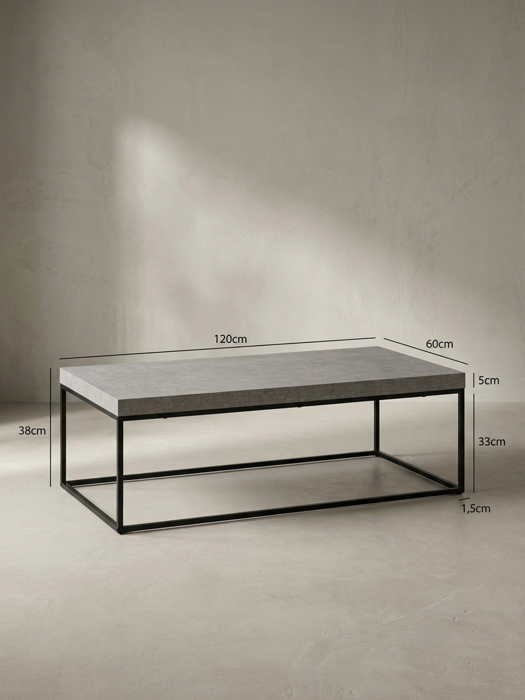 Couchtisch mit exakten Maßen: Länge 120 cm, Breite 60 cm und Höhe 38 cm, ideal für die Planung Ihres Wohnbereichs._