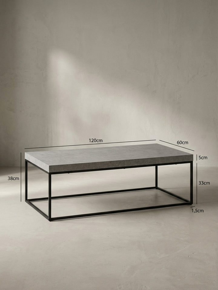 Couchtisch mit exakten Maßen: Länge 120 cm, Breite 60 cm und Höhe 38 cm, ideal für die Planung Ihres Wohnbereichs._