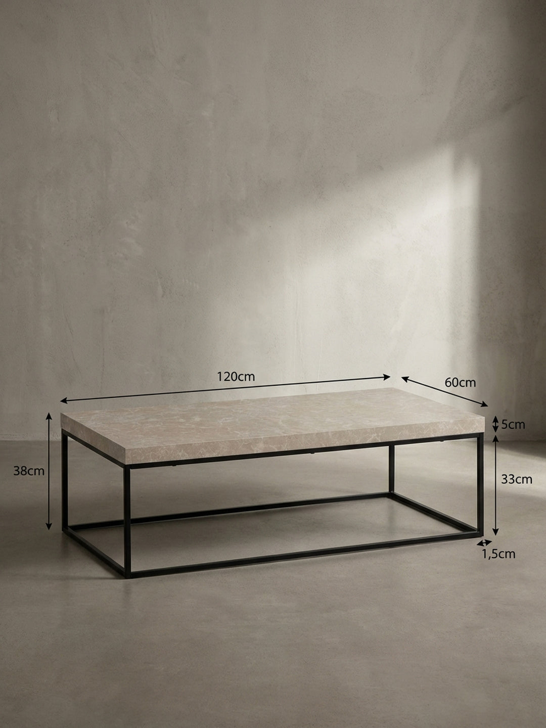 Technische Zeichnung des Couchtisches mit exakten Maßen: Länge 120 cm, Breite 60 cm und Höhe 38 cm, zur idealen Raumplanung im Wohnzimmer._
