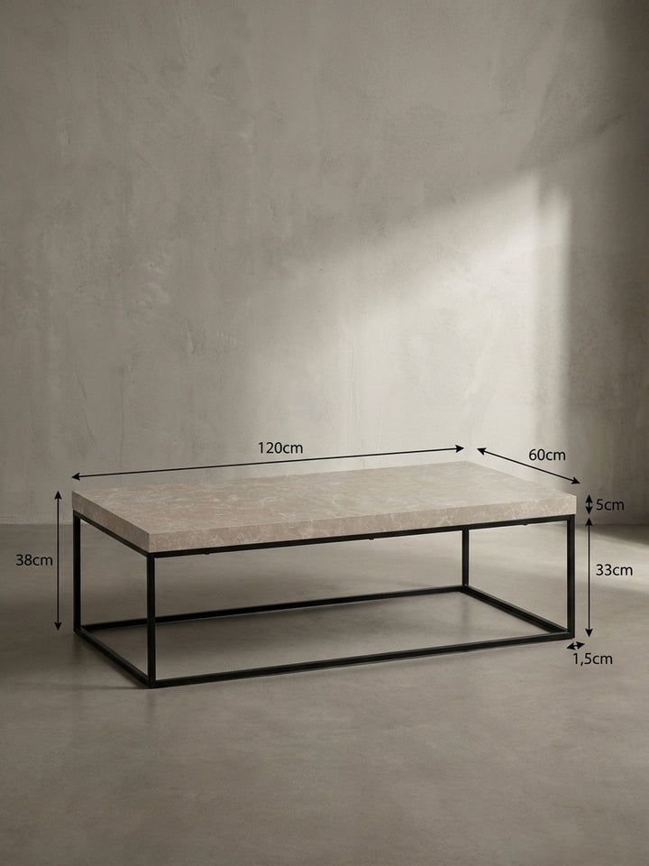 Technische Zeichnung des Couchtisches mit exakten Maßen: Länge 120 cm, Breite 60 cm und Höhe 38 cm, zur idealen Raumplanung im Wohnzimmer._