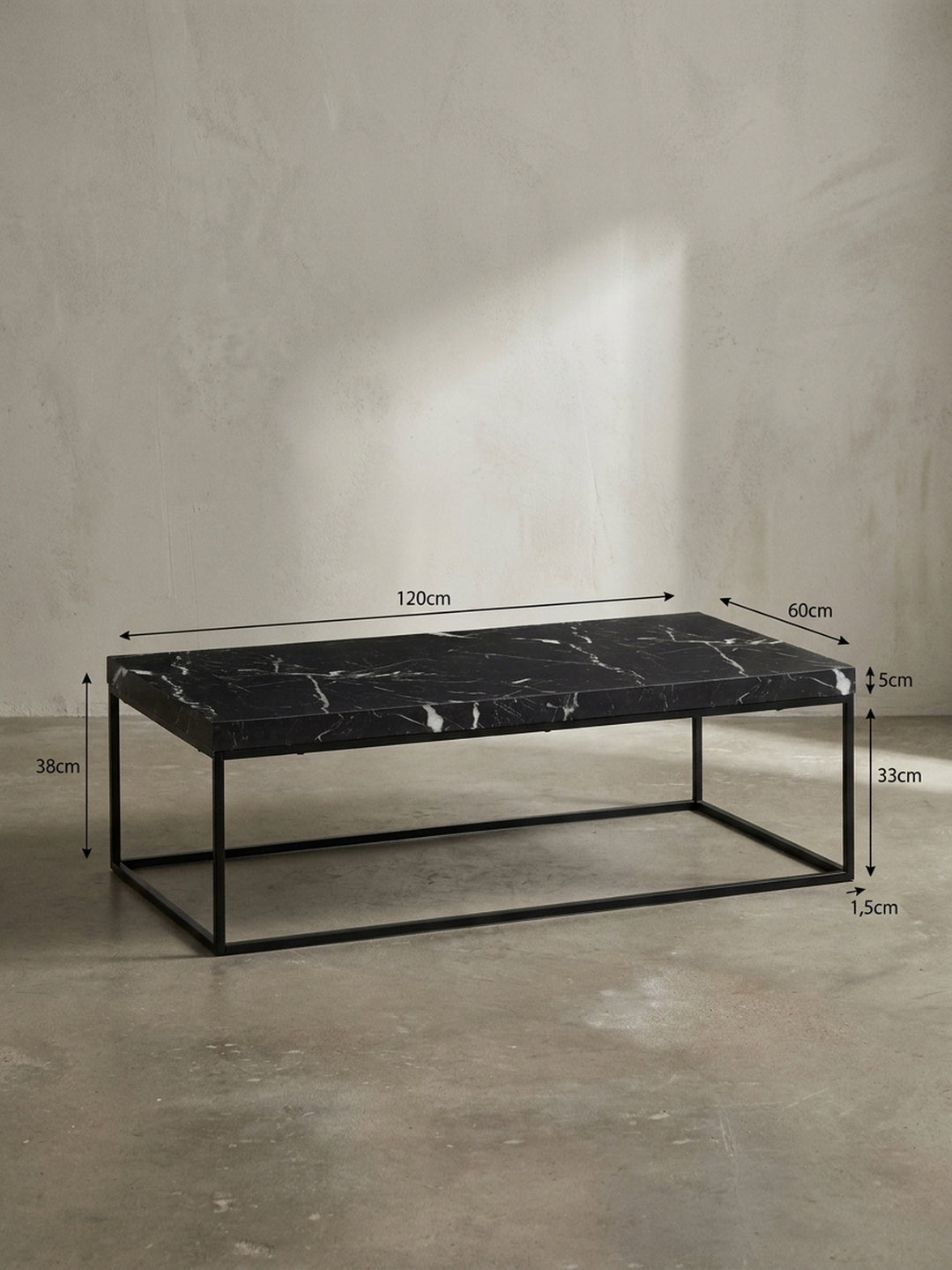 Technische Maßzeichnung des schwarzen Couchtischs in Marmor-Optik mit exakten Angaben von 120 cm Länge und 60 cm Breite für die optimale und exakte Raumplanung im eigenen Zuhause_