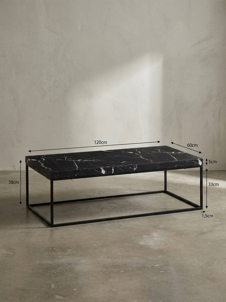 Technische Maßzeichnung des schwarzen Couchtischs in Marmor-Optik mit exakten Angaben von 120 cm Länge und 60 cm Breite für die optimale und exakte Raumplanung im eigenen Zuhause_