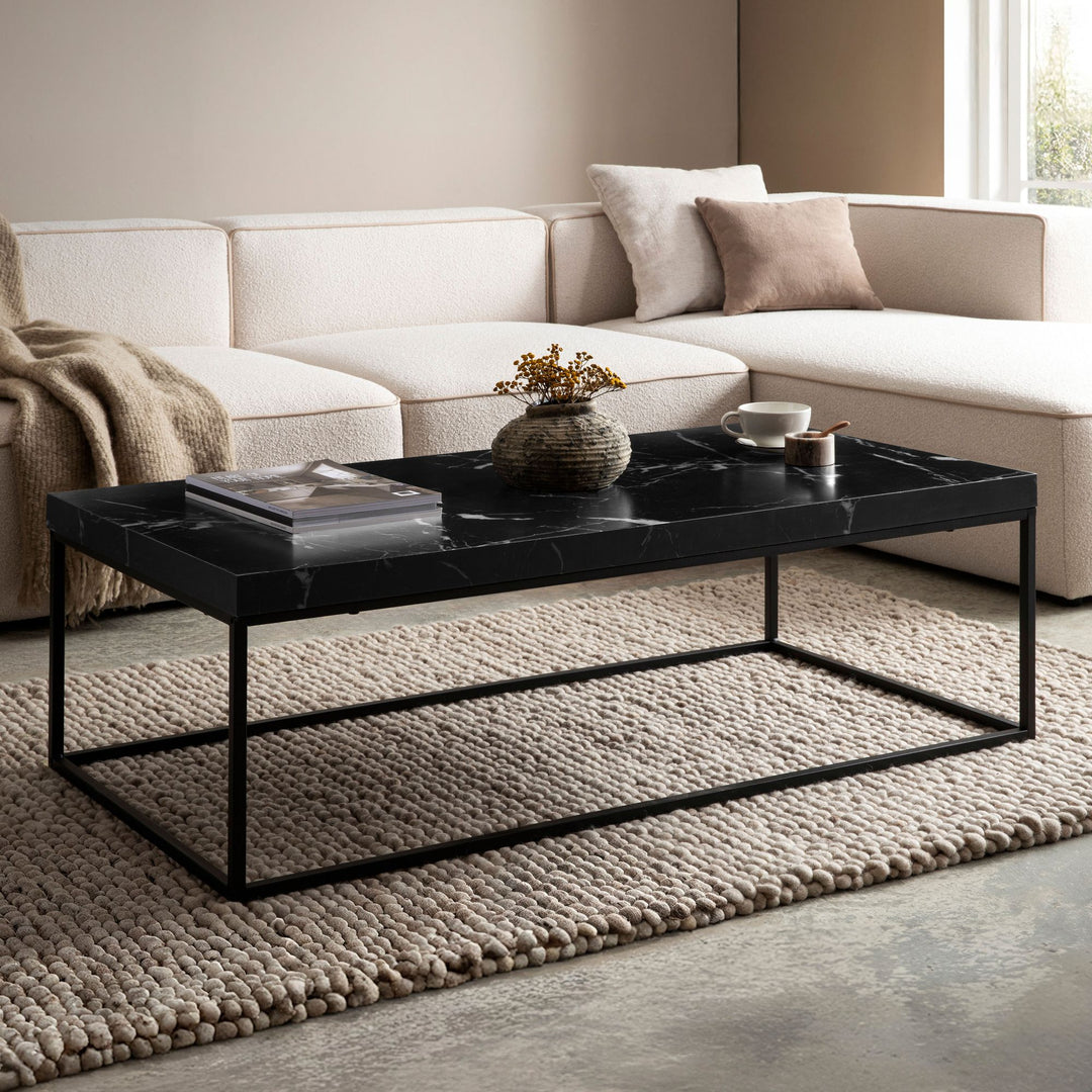 Couchtisch 120x60x38 cm Sandfarben Sofatisch in Stein-Optik Modern - Design Wohnzimmertisch Rechteckig - Loungetisch  - Kaffeetisch Metallbeine Groß_