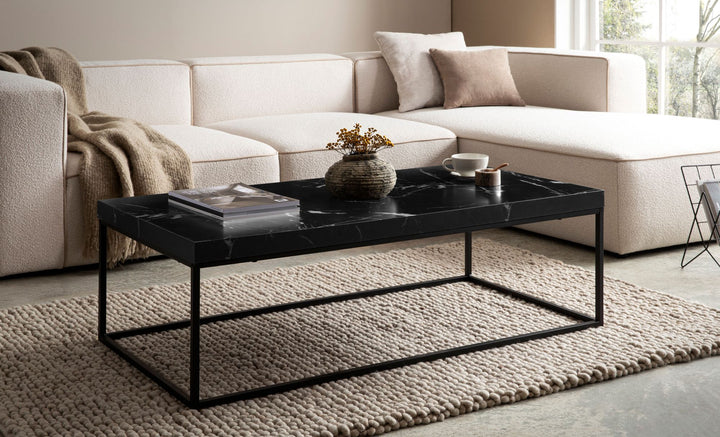 Couchtisch 120x60x38 cm Sandfarben Sofatisch in Stein-Optik Modern - Design Wohnzimmertisch Rechteckig - Loungetisch  - Kaffeetisch Metallbeine Groß_