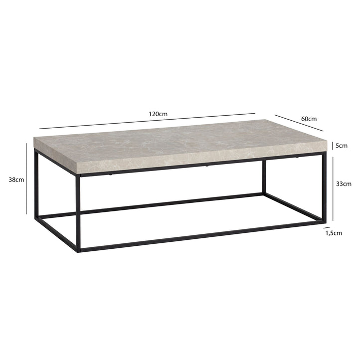 Couchtisch 120x60x38 cm Sandfarben Sofatisch in Stein-Optik Modern - Design Wohnzimmertisch Rechteckig - Loungetisch  - Kaffeetisch Metallbeine Groß_