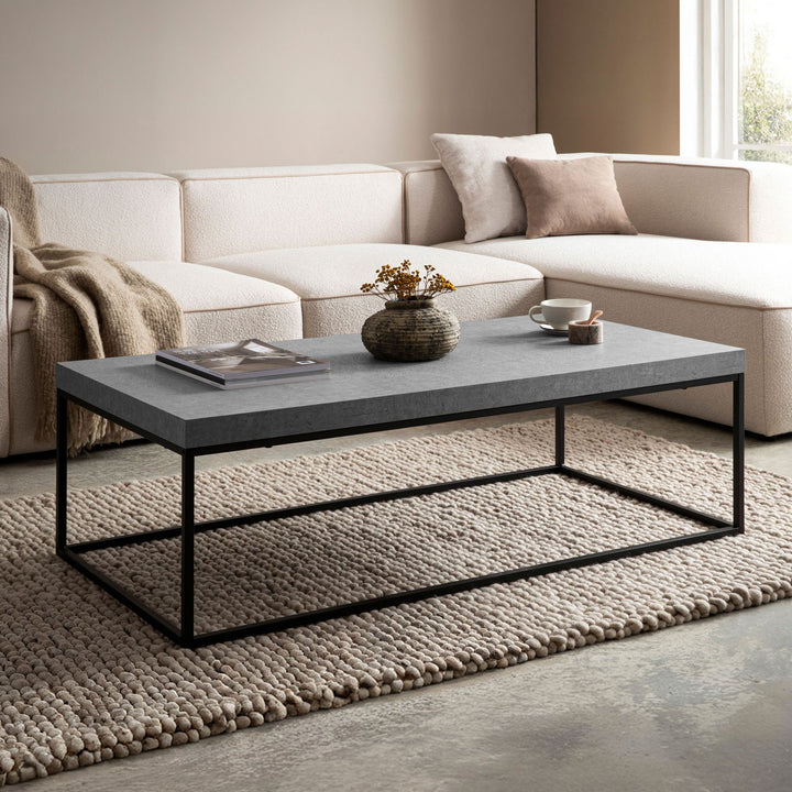 Couchtisch 120x60x38 cm Sandfarben Sofatisch in Stein-Optik Modern - Design Wohnzimmertisch Rechteckig - Loungetisch  - Kaffeetisch Metallbeine Groß_