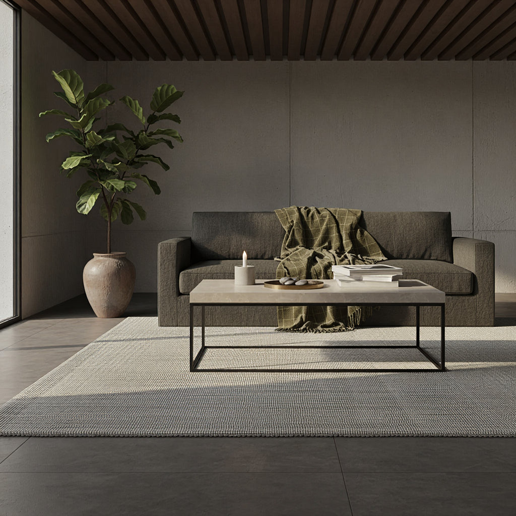 Rechteckiger Sofatisch in Stein-Optik mit schwarzem Metallgestell – modernes Design_