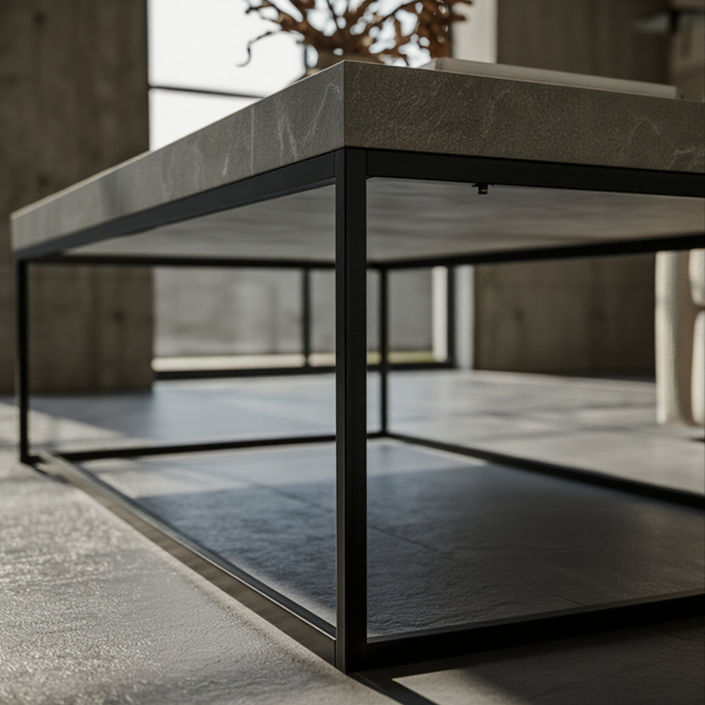 Detailaufnahme Tischplatte in Stein-Optik – Couchtisch modern mit Metallgestell_