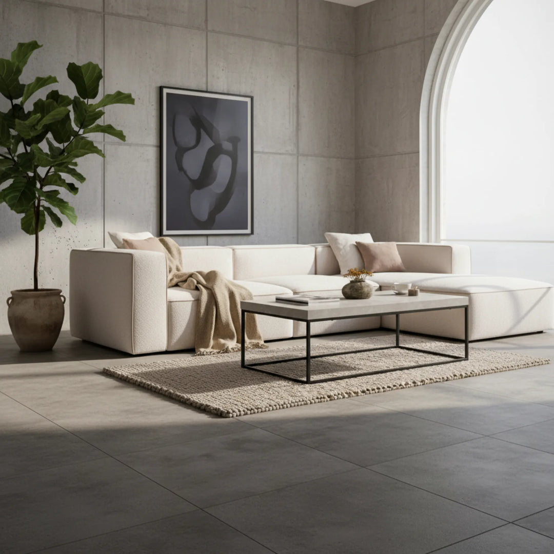 Wohnzimmertisch sandfarben 120x60 cm – Loungetisch im modernen Stil mit Steinplatte_