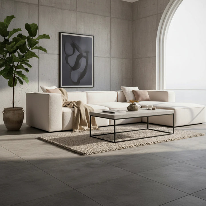 Wohnzimmertisch sandfarben 120x60 cm – Loungetisch im modernen Stil mit Steinplatte_