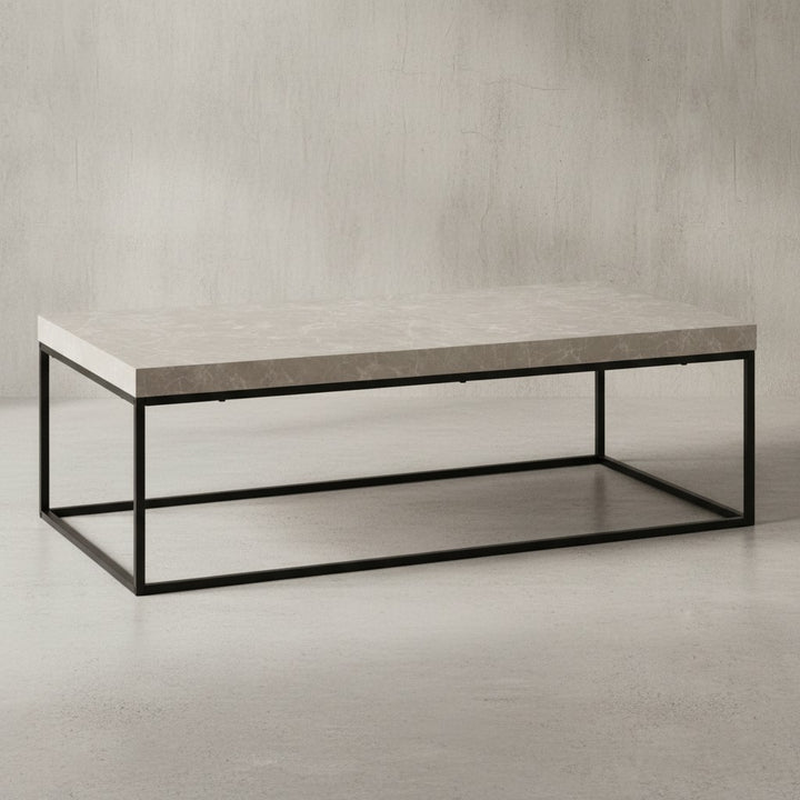 Couchtisch 120x60x38 cm Sandfarben Sofatisch in Stein-Optik Modern - Design Wohnzimmertisch Rechteckig - Loungetisch  - Kaffeetisch Metallbeine Groß_