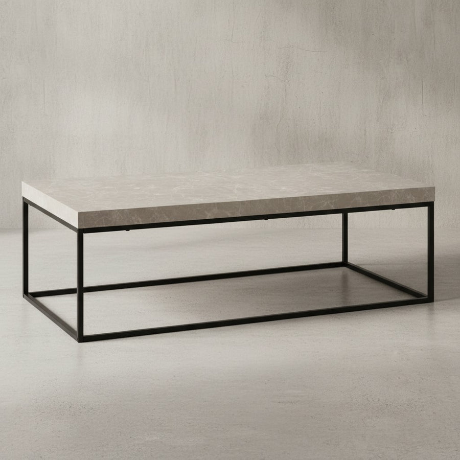 Couchtisch 120x60x38 cm Sandfarben Sofatisch in Stein-Optik Modern - Design Wohnzimmertisch Rechteckig - Loungetisch  - Kaffeetisch Metallbeine Groß_