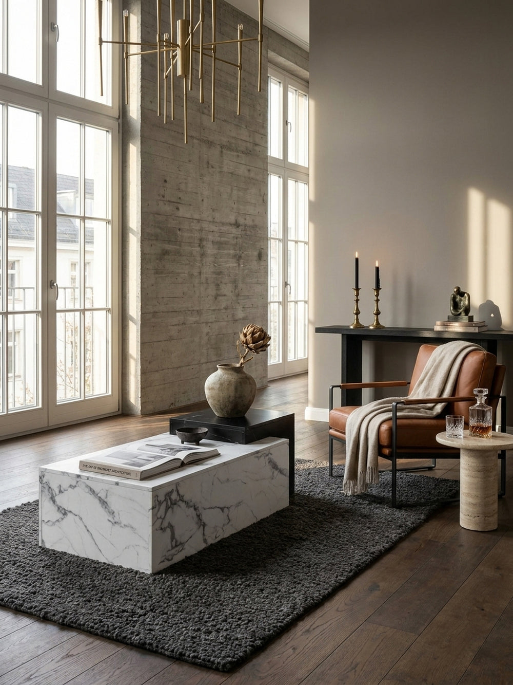 Moderner Couchtisch in weißer und schwarzer Marmor-Optik im Zentrum eines luxuriösen Wohnzimmers mit Betonelementen und einem großen Leinensofa._